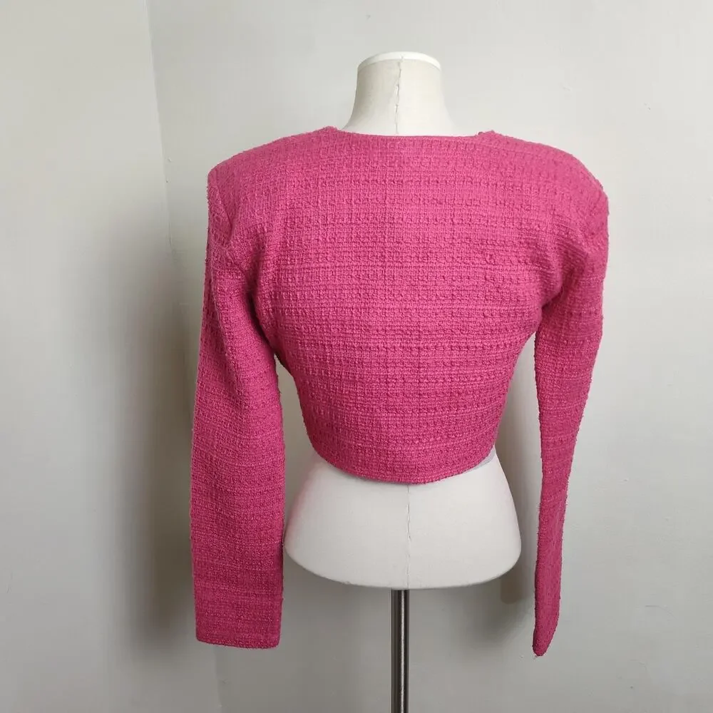 Zara Blouse Womens Medium Pink Cropped V Neck Rhinestone Button Long Sleeve NWT